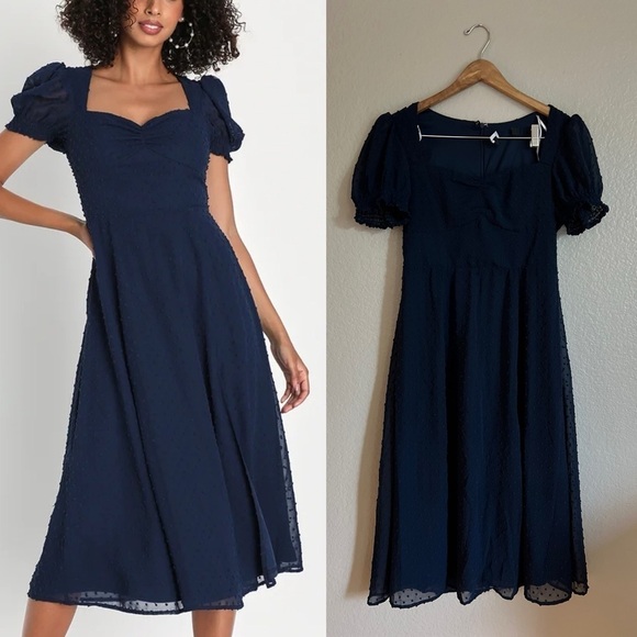 Romance Abounds Navy Swiss Dot Puff Sleeve A-Line Midi Dress - Picture 1 of 7